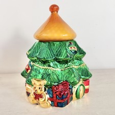 Vintage Lillian Vernon Christmas Tree Cookie Jar Metallic Lustre Amber Glass Lid picture