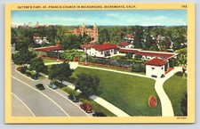 Sacramento CA Sutter's Fort Antique Cars St Francis Church Postcard Vtg A10 picture