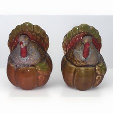 Vintage Turkey on Pumpkin Salt and Pepper Shakers Set Thanksgiving 3” picture