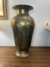 Vintage Hammered Brass Floor Vase Umbrella Cane Holder Rope&Grape Design 19” picture