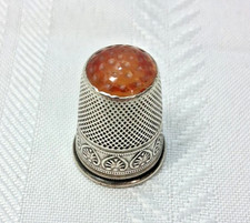 Vintage Sterling Silver 925 Thimble with Orange Carnelian Glass Cabochon Top picture