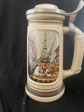 German-style lidded beer stein – “Shipyard / Maritime Scene” picture