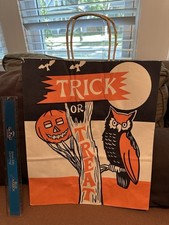Vintage Halloween Paper Trick or Treat Bag Large Handle Jack o Lantern Owl picture