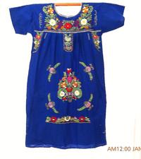 VINTAGE ROYAL BLUE HAND EMBROIDERED MEXICAN DRESS L XL picture