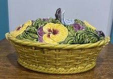 Antique Sarreguemines Majolica Pansy Tureen 330 French Barbotine Lidded Dish VTG picture