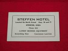 VINTAGE BUSINESS CARD STEFFEN MOTEL SPENCER IOWA  picture