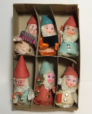 6 Vtg Putz Spun Cotton Chenille Gnomes Elves Paper Mache w/Box Japan picture