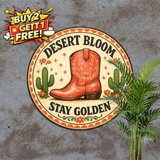 Cowboy Stetson Desert Cactus Floral 8x8 Inch Round Metal Tin Sign Wall Plaque picture