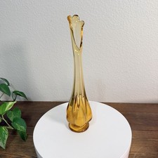 Vintage VIKING Glass 6 PETAL Footed Honey Amber  And White Swung Vase picture
