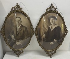 Antique Victorian Ornate Brass Bubble Glass Oval Picture Frames HTF Matching Set picture