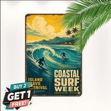 Surfers Wave Sunset Silhouette Sign Tropical Surf Beach Metal Tin Plaque picture
