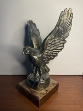 Vintage Cast Metal Bald Eagle Statue Figurine Brass Color - 13” On Wood Platform picture