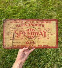 Rare Alexander's Speedway Oil 1910s Era Gas & Oil Embossed Tin Tacker Sign EARLY picture