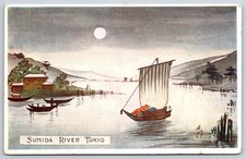London Antique Japan Postcard TOKYO Sumida River Moonlight Sailboat 1907 picture