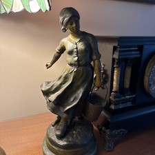 Beautiful Antique Spelter Bronze Art Deco Milkmaid Statue Figure  Early 1900'S picture