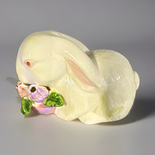 Vintage White Porcelain Easter Bunny Rabbit Figurine holding Flowers, ~5