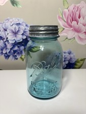 ⁠Vtg Antique Blue Aqua Ball Perfect Mason Quart Jar #2 w Zinc Lid 1910-1923 picture