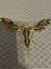 Vintage Art Nouveau Gold Plate DRAGONFLY Enamel w/ Orange Crystals Decor picture
