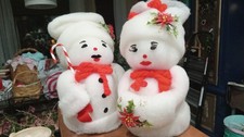 Vintage Snowman Couple Snowmen Cotton Batting Christmas Candy Cane Mittens Hats picture