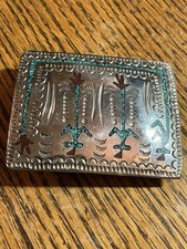 Zuni Chip Inlay Corn Maiden Nickel Silver Belt Buckle 2.5”x2” Vintage Turquoise picture