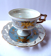 Vintage Footed Teacup & Saucer Gilded w/Pierced Saucer Iredescent Finish picture