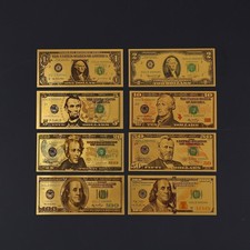 SET, US $1, $2, $5, $10, $20, $50 & $100, 8Pcs GOLD FOIL Banknote Bill, UNC picture