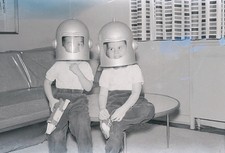 1960s Two Boys Wearing Toy Space Robot Helmets Halloween Vintage Negative picture