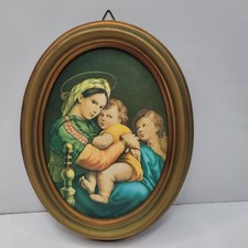 Vintage Beautiful Raphael Madonna of the Chair Gold Oval Framed Italy Art 8.5”  picture