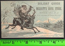 Vintage Merritt's Drug Store Santa Rides Reindeer Woodbury NJ Trade Card picture