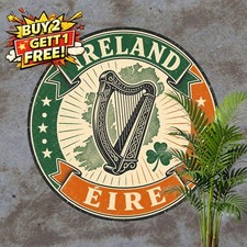 Ireland Flag Badge Crest Round Metal Sign Retro Irish Wall Decor 8x8 picture
