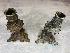 Vintage Ornate Cast Brass Candlestick Holders Baroque Tripod Acanthus Leaf Base picture