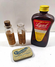 Vintage Apothecary Medicine Display Lot Empty Lysol Amber Bottle Cascarets Tin picture