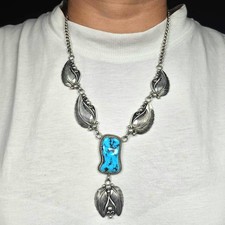 Vintage EB Navajo sterling silver Kingman turquoise necklace with feathers picture