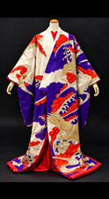 Vintage Japanese Uchikake Wedding Kimono Gold Crane Embroidery Purple Red picture