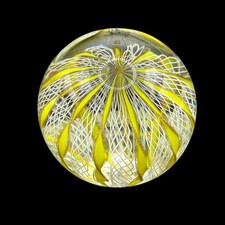 VTG Murano Glass Paperweight Yellow RIbbon White Filigrana 2 3/8