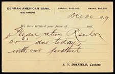 1899 German American Bank Baltimore MD Victorian Litho Postmarked Postal Card picture