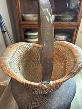 Antique / Vintage Chinese Woven Reed Coated Fish Basket Bamboo Round Handle picture