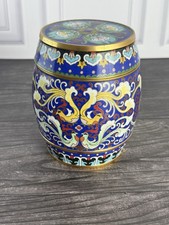 Vintage Chinese Cloisonne Enamel Lidded Jar Tea Caddy Birds Floral Blue 5.25” picture