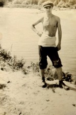 1960s Shirtless handsome young man cap beach river gay vtg snapshot photo B&W picture