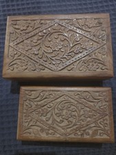 Vintage 1970s-80s Hand Carved Wooden Boxes (2) Made in India SELF HELP Crafts picture