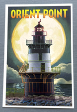 Orient Point, New York - Lighthouse & Full Moon - Lantern Press Postcard picture