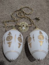 Vintage Pair Antique Gold Decorated Pendant Light Globes Swag Hollywood Regency picture