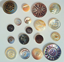 Vintage Antique Mother of Pearl, Smoky & Carved Shell Button Lot - 18pc picture