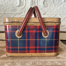 Vintage 1950s Maryland Biscuit Co Tin Picnic Basket Red Blue Plaid Metal Box MCM picture
