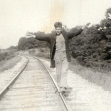 c1930s Railroad Tracks Balancing Young Man Snapshot Photo Train Rail Walking Vtg picture