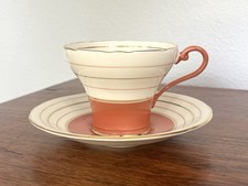 Vintage Aynsley Tea Cup And Saucer Orange Coral Gold Stripes Corset Shape 1940’s picture