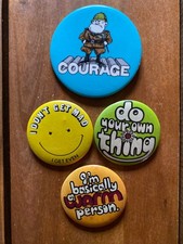 Vintage 1970s 80s Novelty Pinback Button Lot 4 Funny Slogan Smiley Retro picture