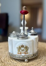 1953 Queen Elizabeth II Coronation EIIR Milk Glass Cruet Set Complete w/Caddy picture