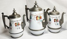 3 Antique Porcelain Enamel & Pewter Coffee Pot Manning Bowman Fall Maple Leave picture