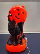 Vintage GENERAL FOAM Company Halloween WITCH Black CAT Pumpkin BLOW MOLD Lighted picture